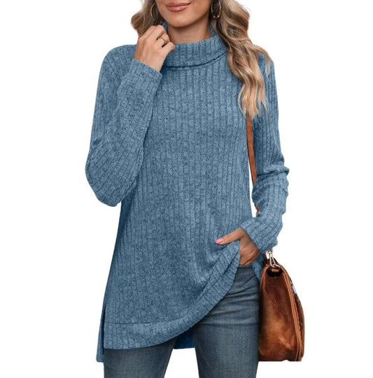 New European and American Autumn and Winter High collar neck side split Solid color Long sleeve T-shirt  women's clothing