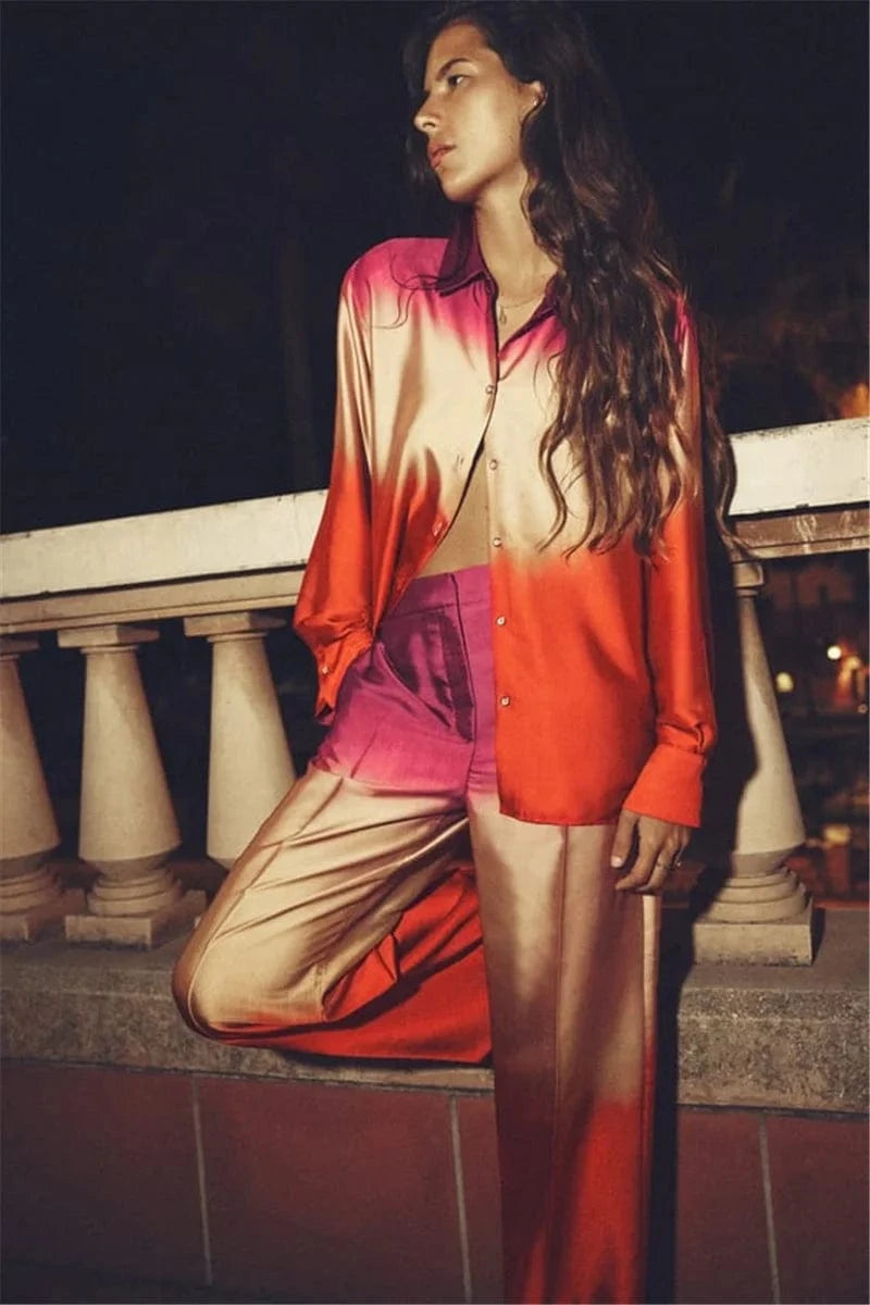 New European and American style tie dye printed shirt straight leg pants set