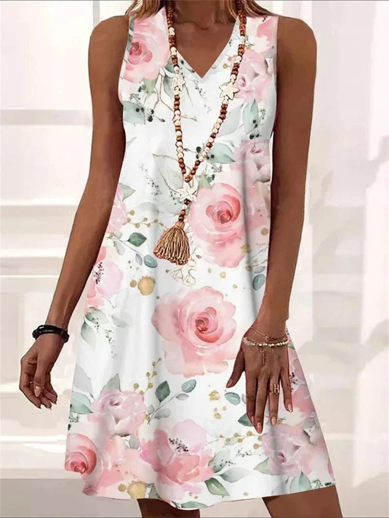 New European and American Women's clothing 2023 Summer Loose V-neck Off-shoulder Pullover Printed Mid-length dress