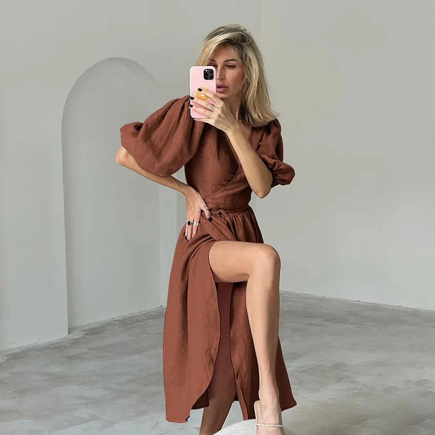 New European Long Dress Pure Cotton  High Waist Spring Summer Autumn French Temperament A-line Female Split Casual Dress