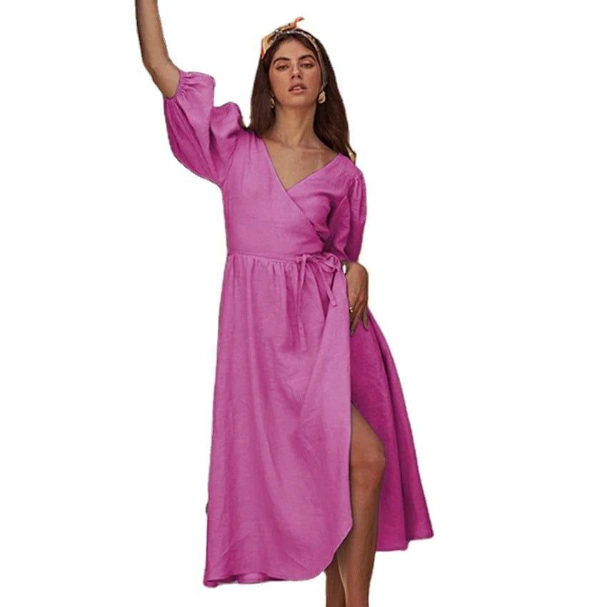 New European Long Dress Pure Cotton  High Waist Spring Summer Autumn French Temperament A-line Female Split Casual Dress