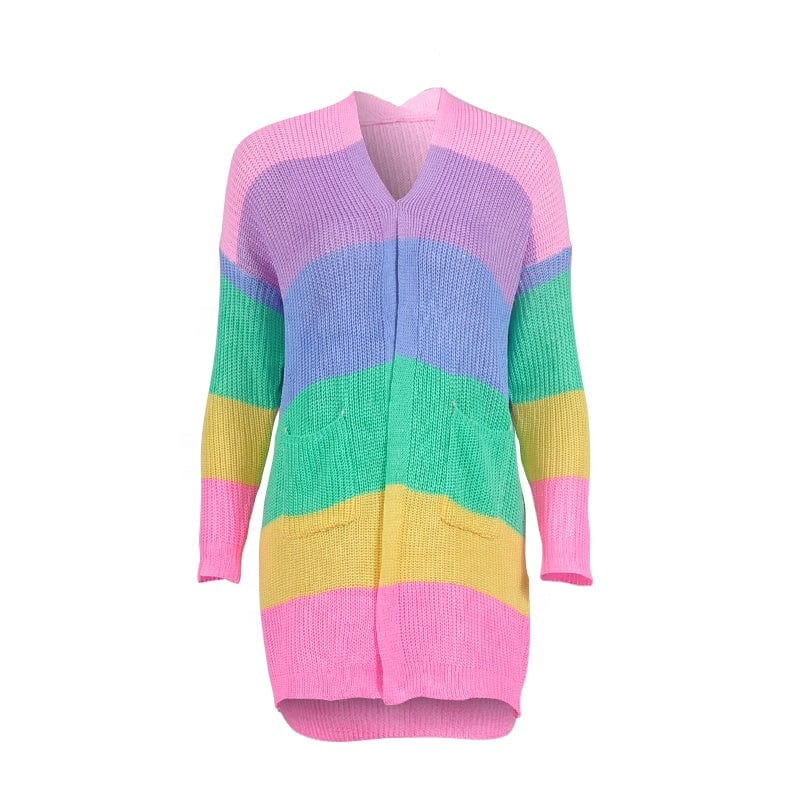 New Fancy Ladies Top Clothing Multicolor Striped Rainbow Long Knitted Sweater Cardigan