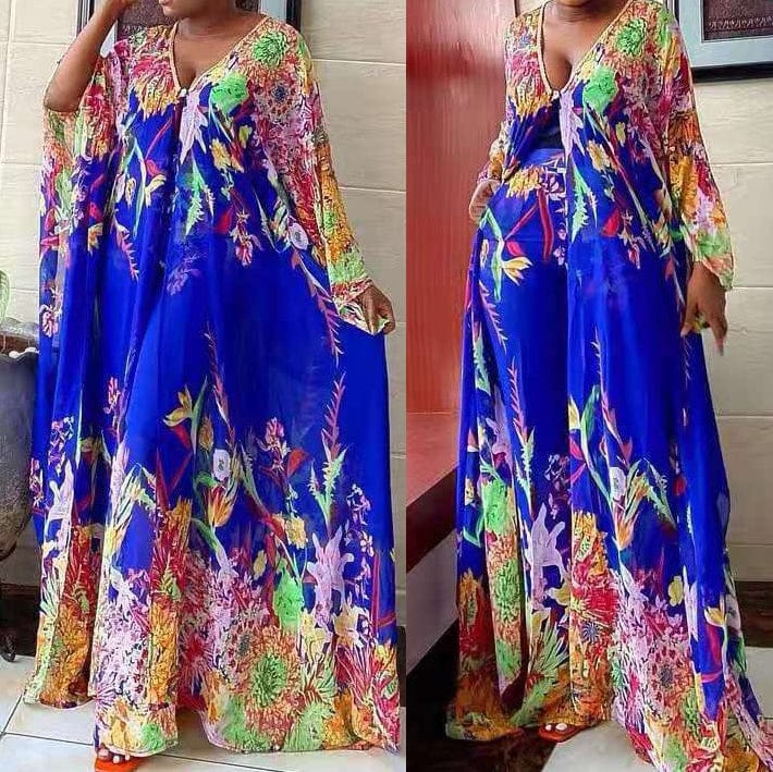 New Fashion African Chiffon Kimono Robe Printed Women Pants 2 Two Piece Set Ladies Long Kimono Cardigan Coat Pant Suit
