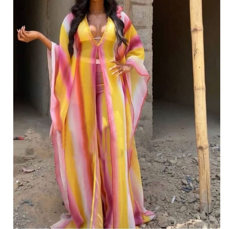 New Fashion African Chiffon Kimono Robe Printed Women Pants 2 Two Piece Set Ladies Long Kimono Cardigan Coat Pant Suit