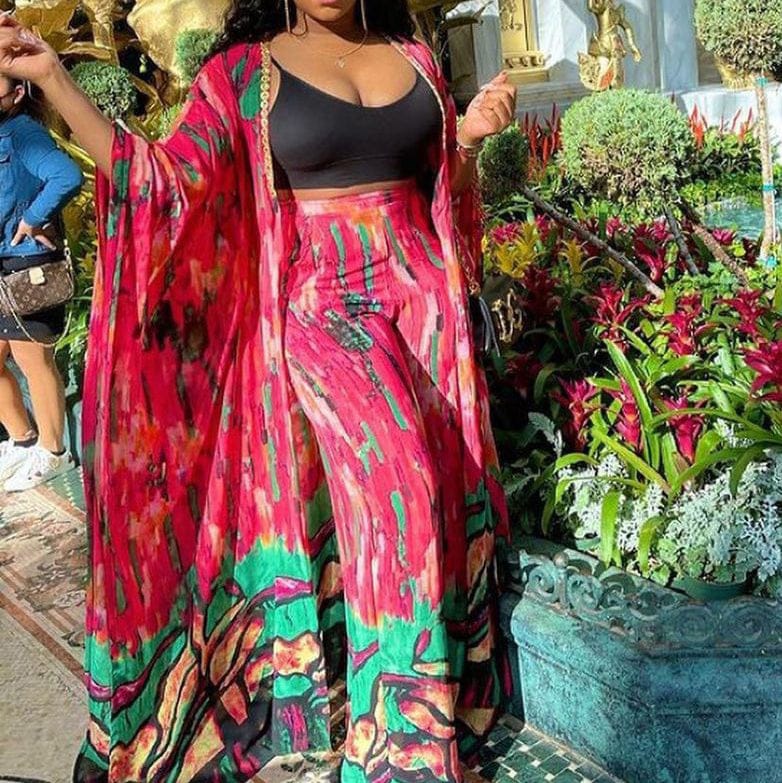 New Fashion African Chiffon Kimono Robe Printed Women Pants 2 Two Piece Set Ladies Long Kimono Cardigan Coat Pant Suit