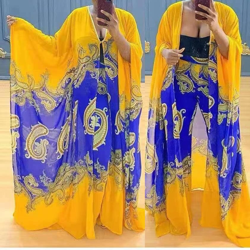 New Fashion African Chiffon Kimono Robe Printed Women Pants 2 Two Piece Set Ladies Long Kimono Cardigan Coat Pant Suit