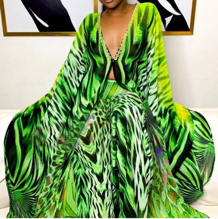 New Fashion African Chiffon Kimono Robe Printed Women Pants 2 Two Piece Set Ladies Long Kimono Cardigan Coat Pant Suit