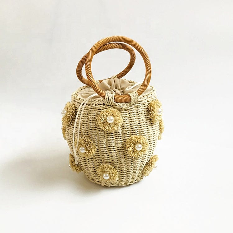 New Fashion Barrel Women Summer Beach Straw Bag Pearl Flowers Straw Beach Bag