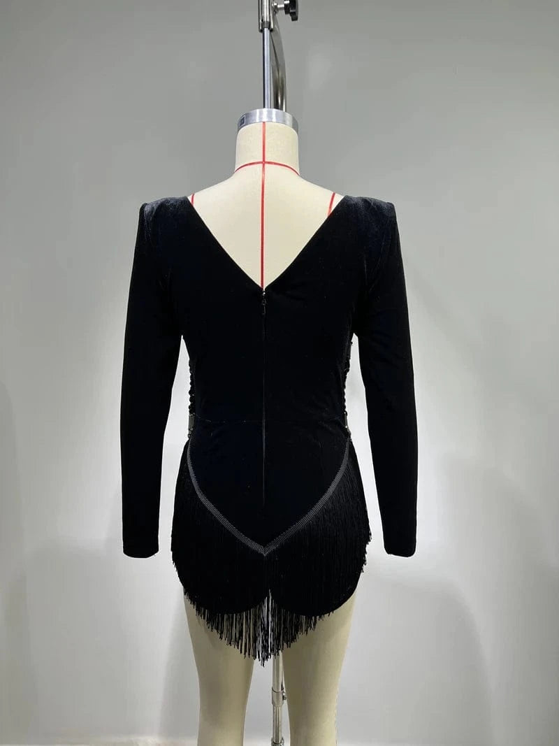 New Fashion Black Deep V Neck Long Sleeve Dress Rhinestone Diamond Beading Sexy Party Ladies Dresses