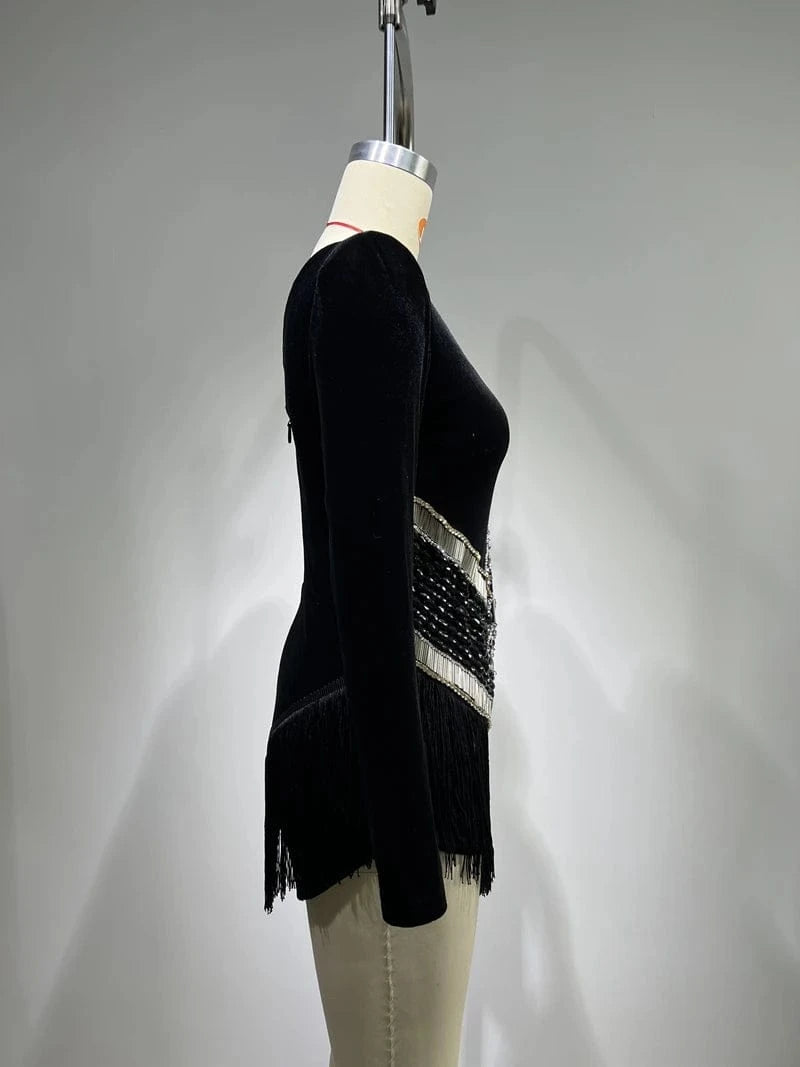 New Fashion Black Deep V Neck Long Sleeve Dress Rhinestone Diamond Beading Sexy Party Ladies Dresses