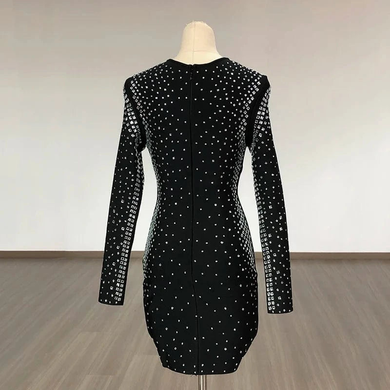 New Fashion Black Long Sleeves Dress Beading Rhinestone Diamond Sexy Party Ladies Dresses