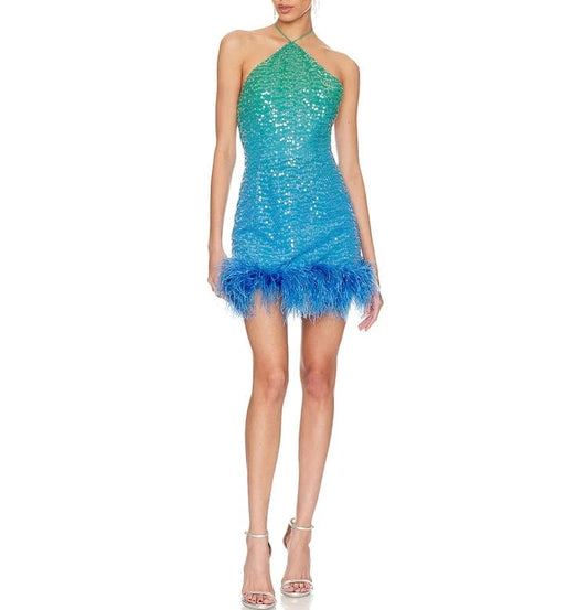 New Fashion Blue Sequins Backless Mini Dress Feathers Sexy Strap Backless Party Dresses