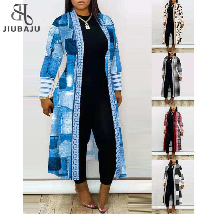 New Fashion Cardigan Windbreaker Loose Long Sleeve Vertical Casual 3XL Cloak Plaid Retro Sexy Coat