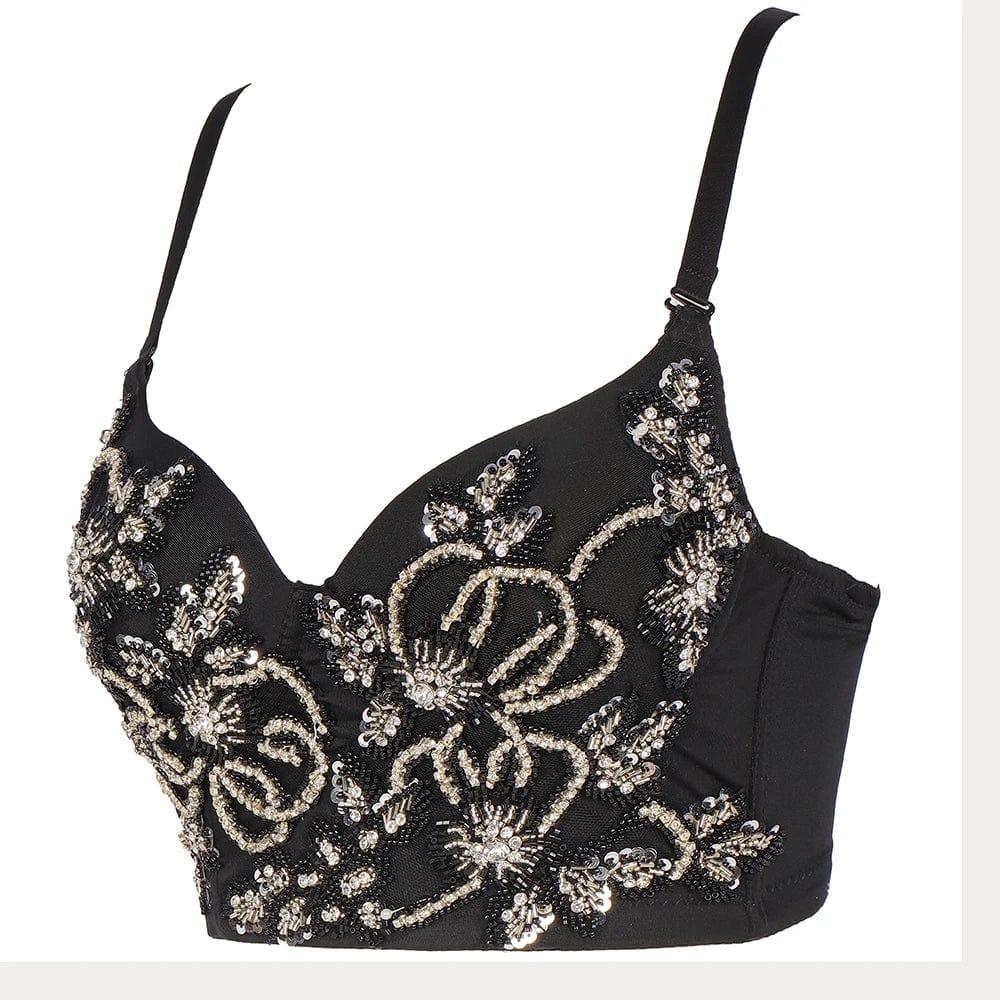 New fashion Customized wholesale underwear black crop  tops with sequin and beads