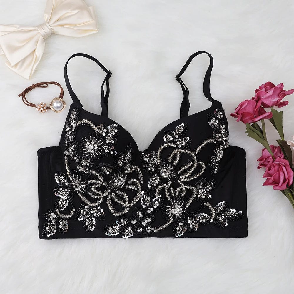 New fashion Customized wholesale underwear black crop  tops with sequin and beads