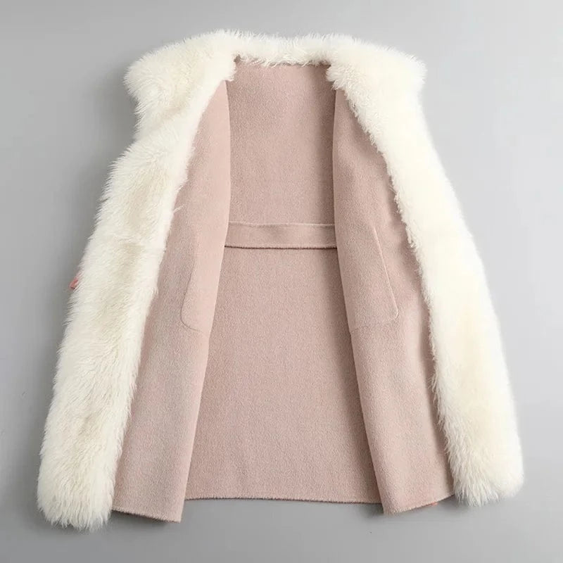 New Fashion Double Faced Winter Lamb Fur Trim Women Cashmere Wool Coat