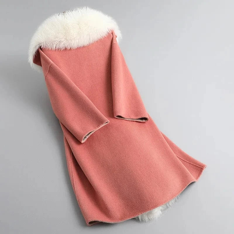 New Fashion Double Faced Winter Lamb Fur Trim Women Cashmere Wool Coat