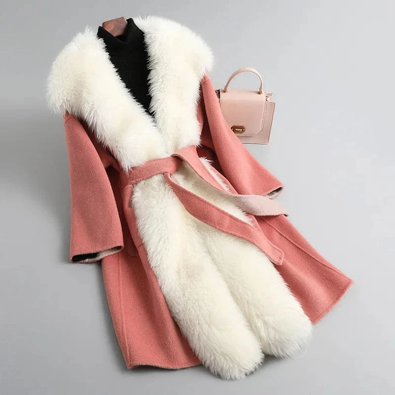 New Fashion Double Faced Winter Lamb Fur Trim Women Cashmere Wool Coat