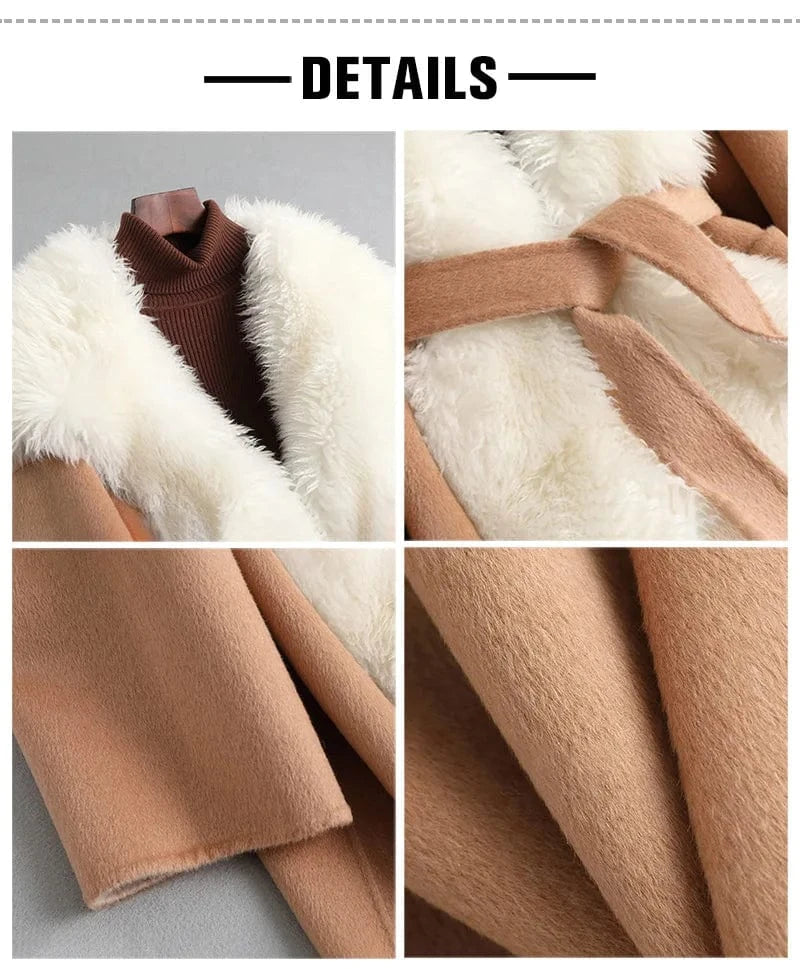 New Fashion Double Faced Winter Lamb Fur Trim Women Cashmere Wool Coat