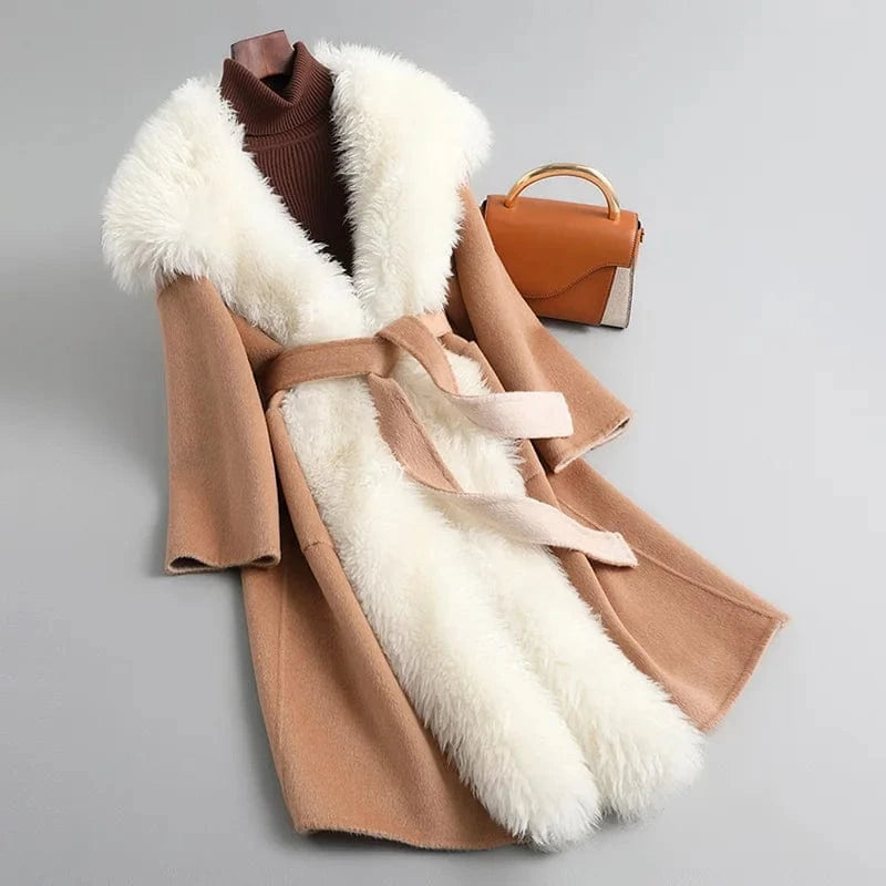 New Fashion Double Faced Winter Lamb Fur Trim Women Cashmere Wool Coat