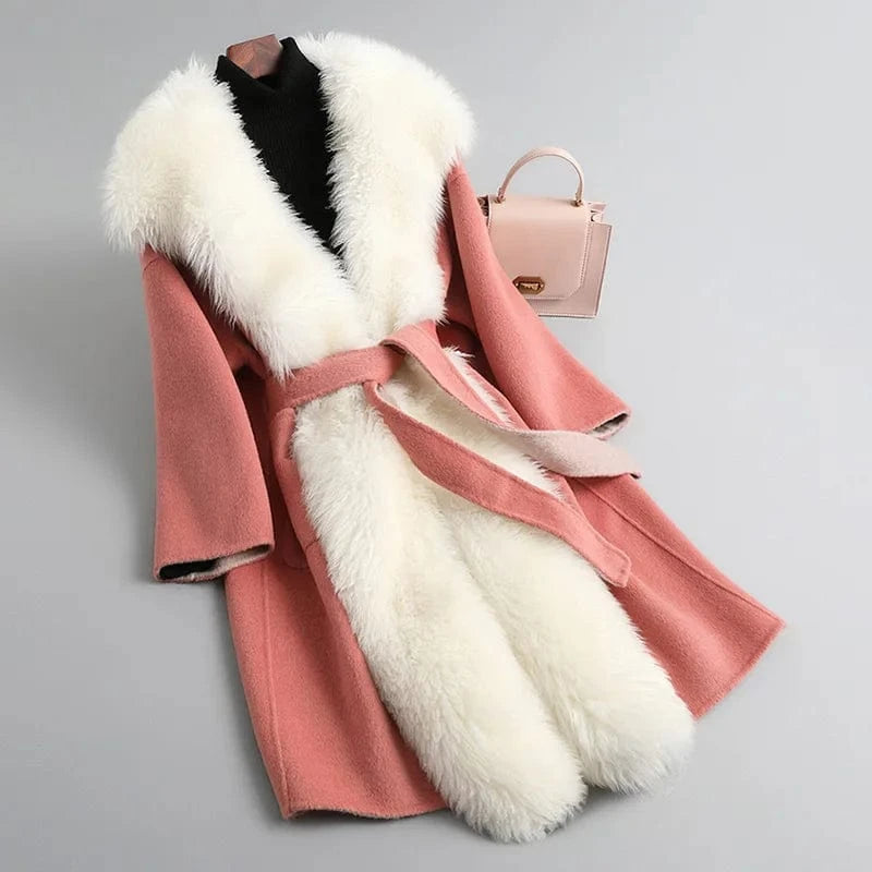 New Fashion Double Faced Winter Lamb Fur Trim Women Cashmere Wool Coat