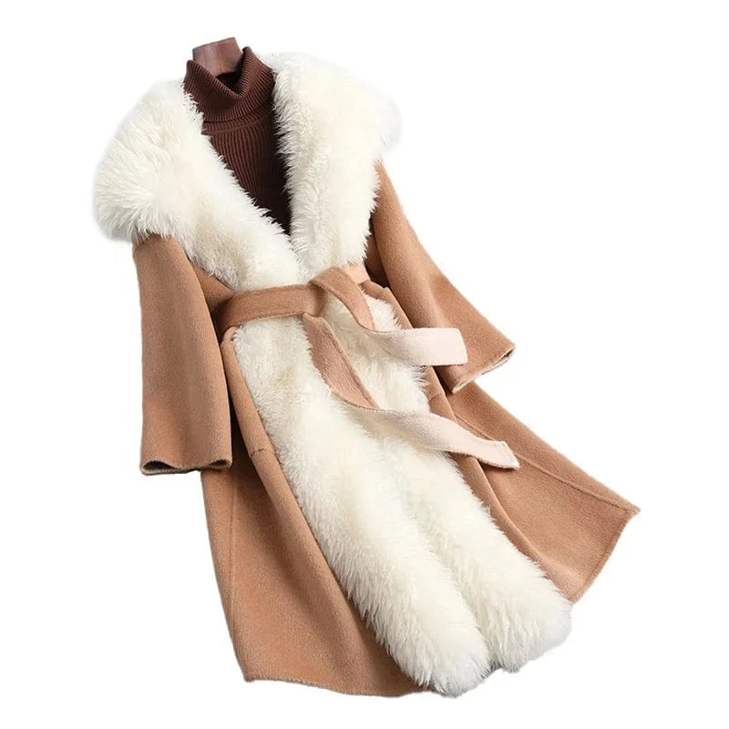 New Fashion Double Faced Winter Lamb Fur Trim Women Cashmere Wool Coat