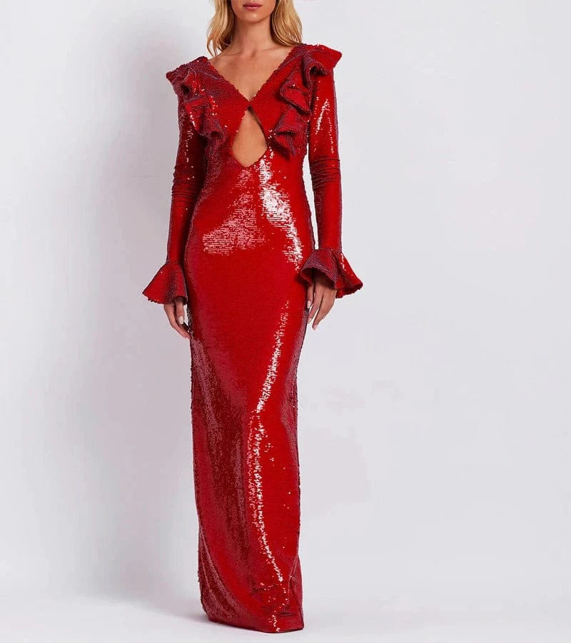 New Fashion Elegant Red Hollow Out Dress Sequined Sexy Party Ladies Maxi Dresses For Women