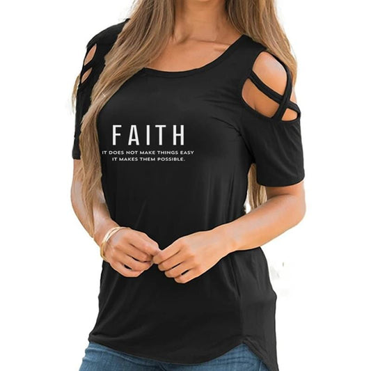 New Fashion faith Print Bandage Off Shoulder T Shirt For Women Tshirt Plus Size Tops Femme Harajuku Female T-shirt