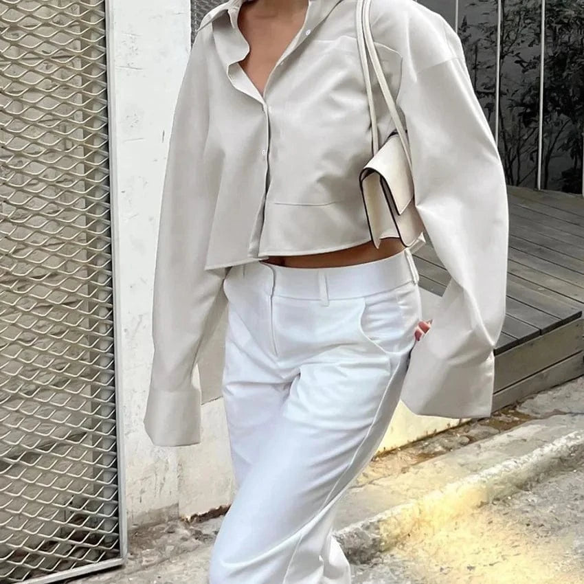 New Fashion Foreign Trade Autumn Khaki Lapel Long Sleeve Commuter Short Crop Ladies Temperament Shirt