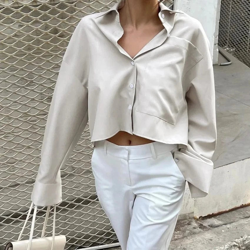 New Fashion Foreign Trade Autumn Khaki Lapel Long Sleeve Commuter Short Crop Ladies Temperament Shirt