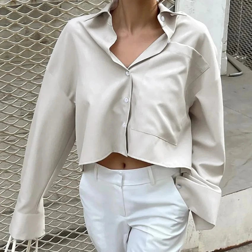 New Fashion Foreign Trade Autumn Khaki Lapel Long Sleeve Commuter Short Crop Ladies Temperament Shirt
