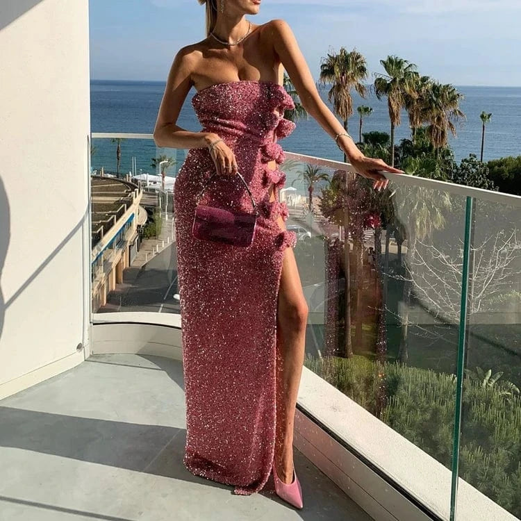 New Fashion Hollow Out Maxi Dress Beading Sequined Party Ladies Dresses