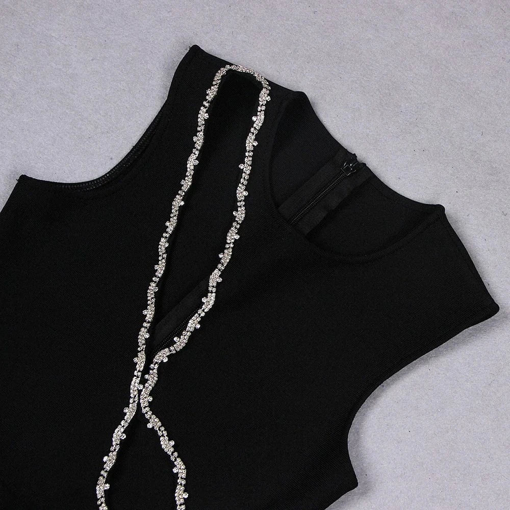 New Fashion Ladies Black Elegant Hollow Out Rhinestone Beading Sexy Party Dresses