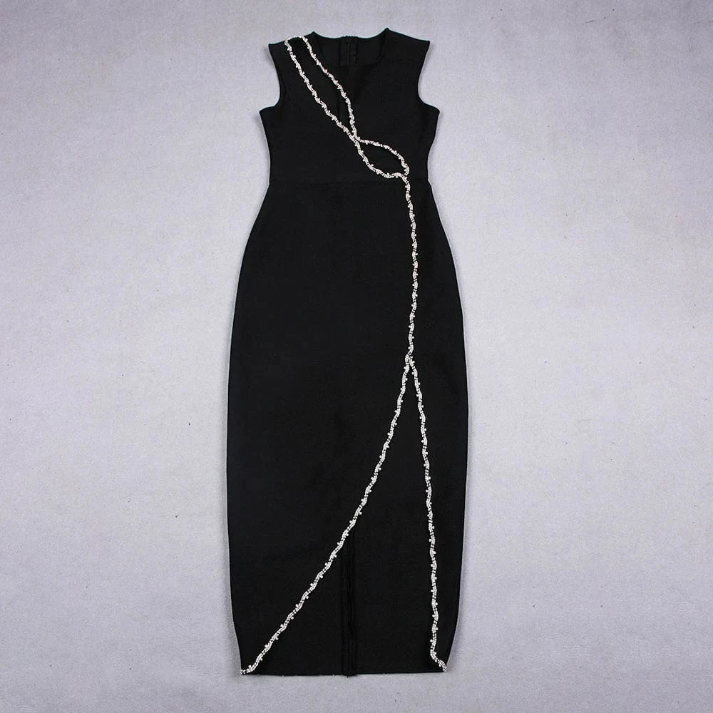 New Fashion Ladies Black Elegant Hollow Out Rhinestone Beading Sexy Party Dresses
