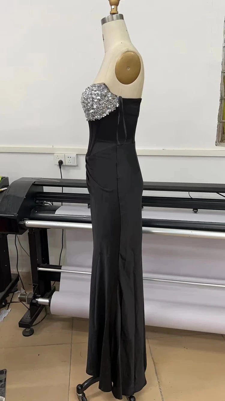 New Fashion Ladies Black Elegant  Rayon Sequin Decoration Sexy Beading Off-shoulder Party Dresses