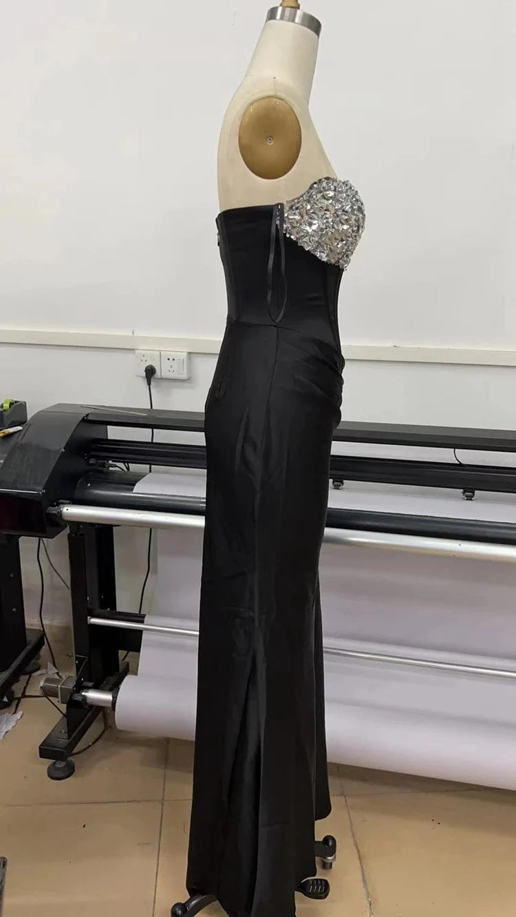 New Fashion Ladies Black Elegant  Rayon Sequin Decoration Sexy Beading Off-shoulder Party Dresses