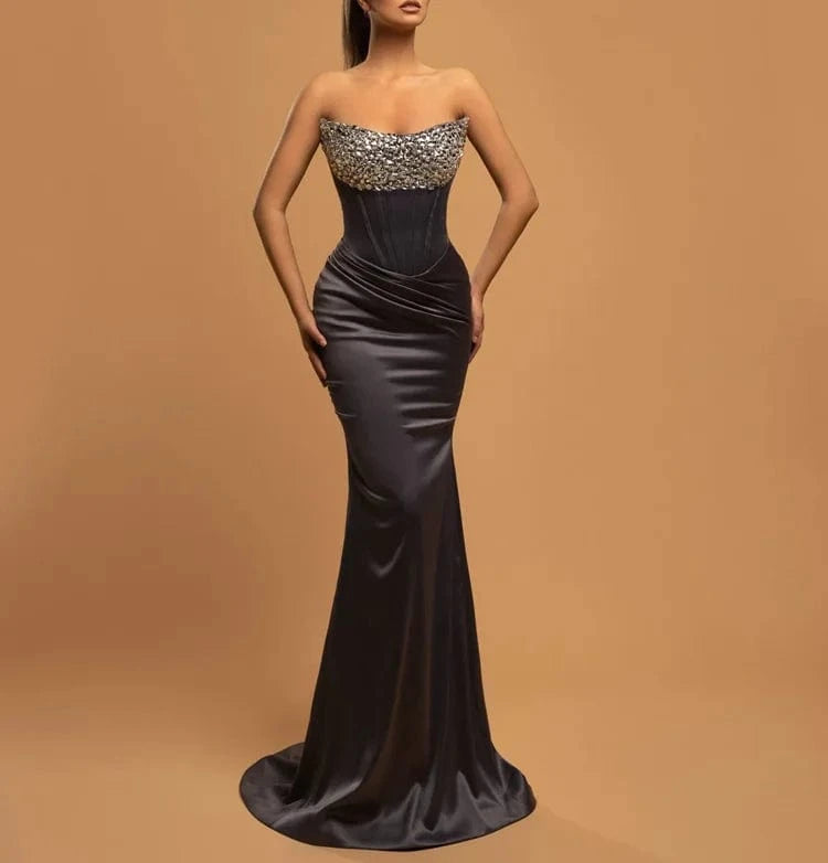 New Fashion Ladies Black Elegant  Rayon Sequin Decoration Sexy Beading Off-shoulder Party Dresses