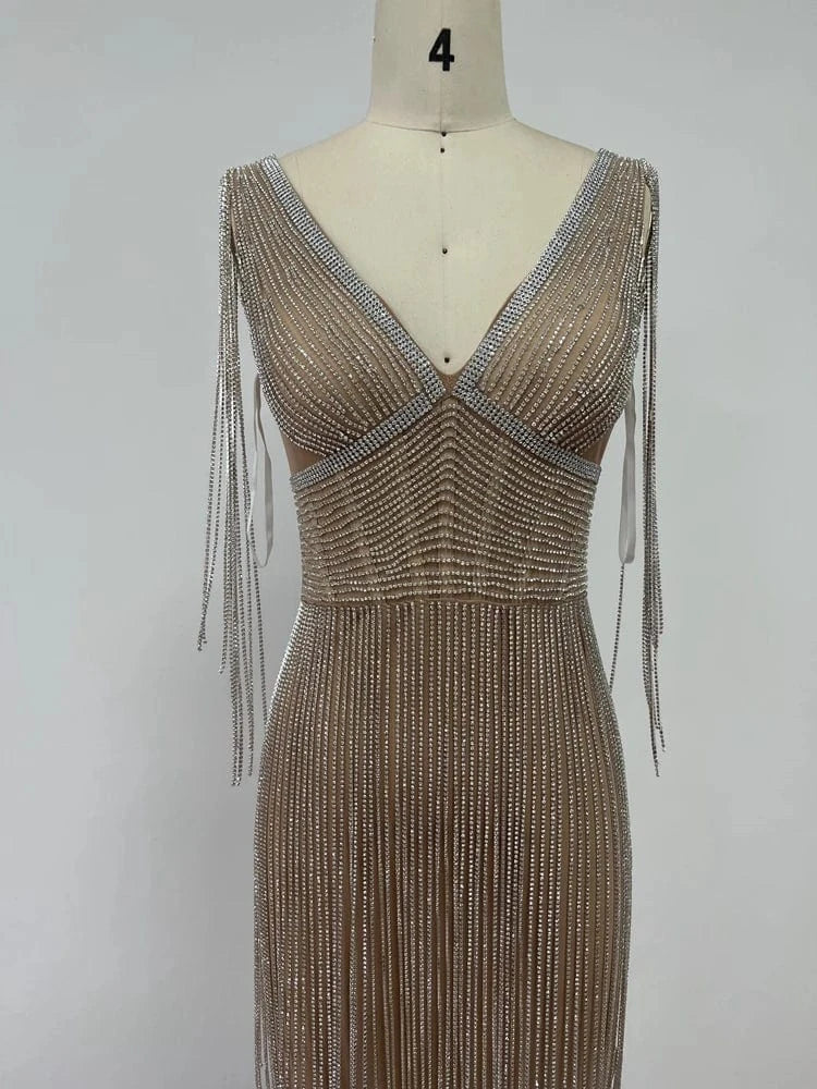 New Fashion Ladies Elegant Beaded Rhinestone Decoration Luxury Tassel Party Dresses