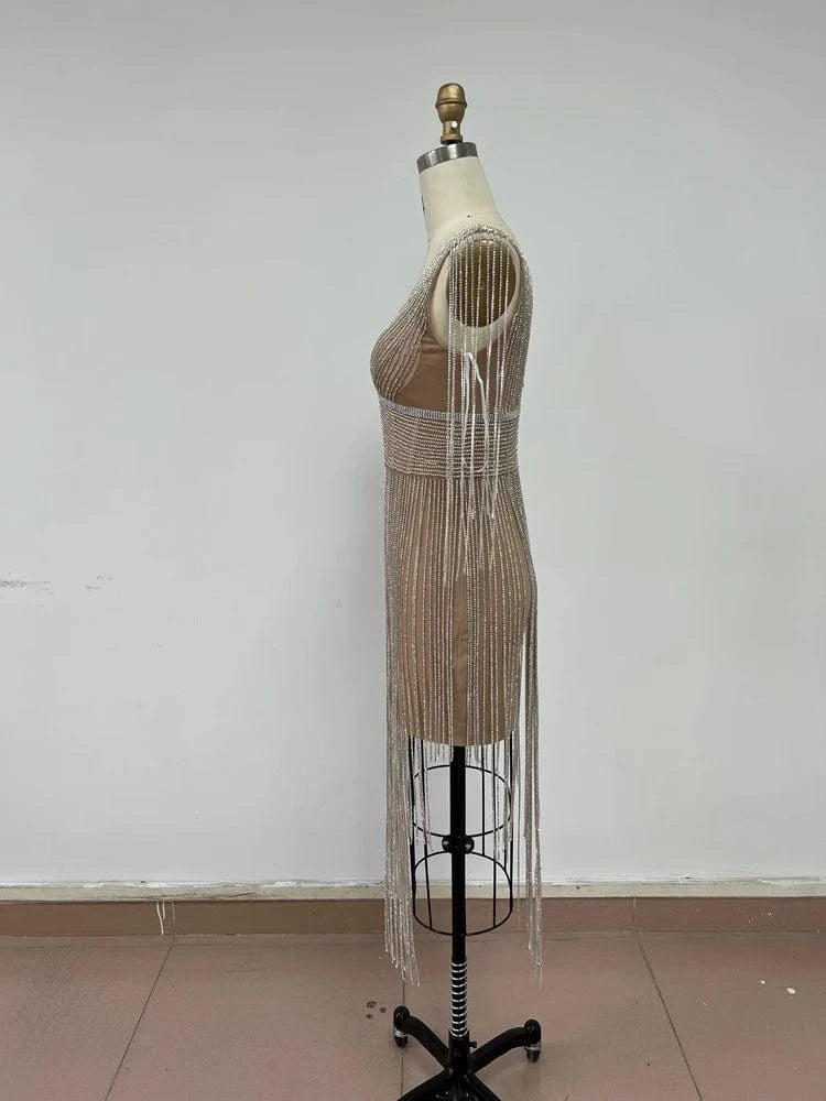 New Fashion Ladies Elegant Beaded Rhinestone Decoration Luxury Tassel Party Dresses