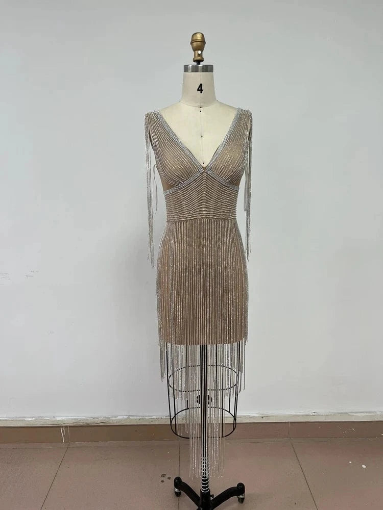 New Fashion Ladies Elegant Beaded Rhinestone Decoration Luxury Tassel Party Dresses