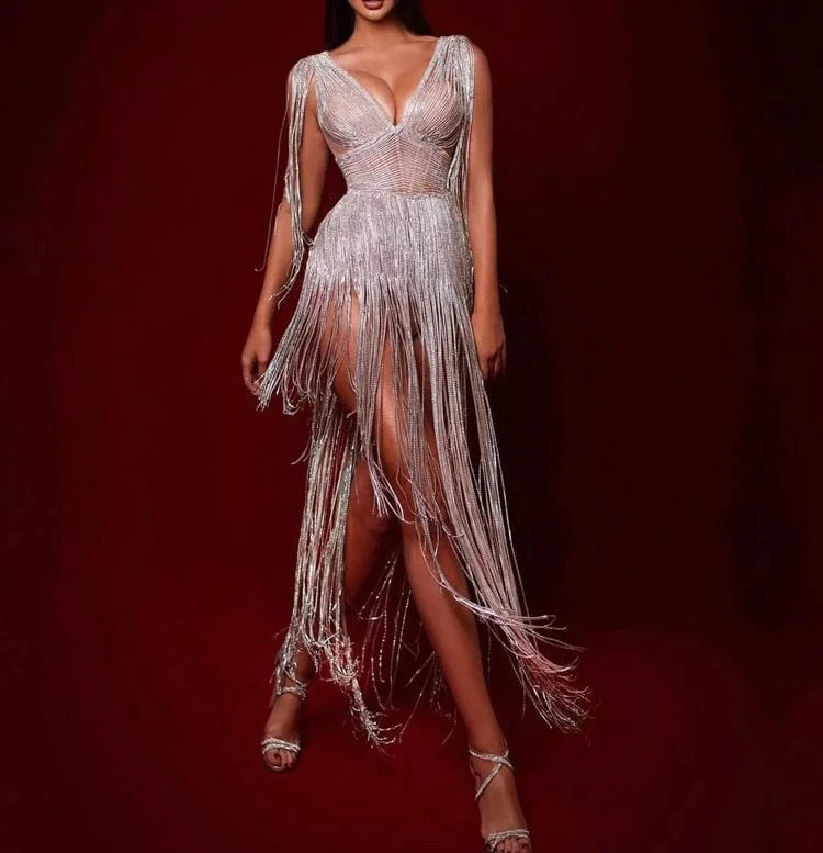 New Fashion Ladies Elegant Beaded Rhinestone Decoration Luxury Tassel Party Dresses