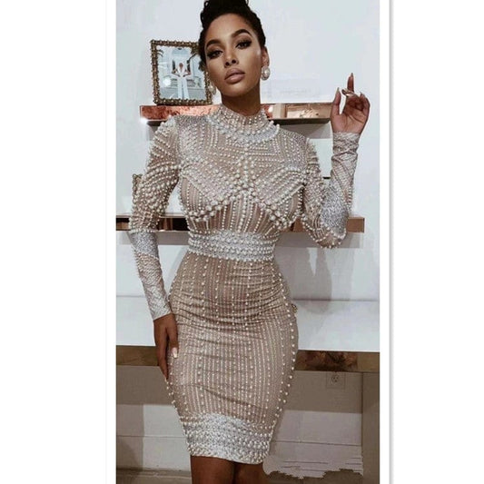 New Fashion Long Sleeve Beading Celebrity Elegant Evening Sexy Women Prom Dresses
