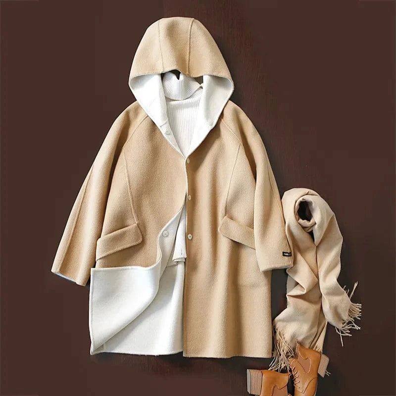 New Fashion Medium Style Double Face Winter Women Cashmere Wool Coats with Hooded