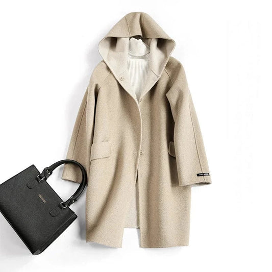 New Fashion Medium Style Double Face Winter Women Cashmere Wool Coats with Hooded