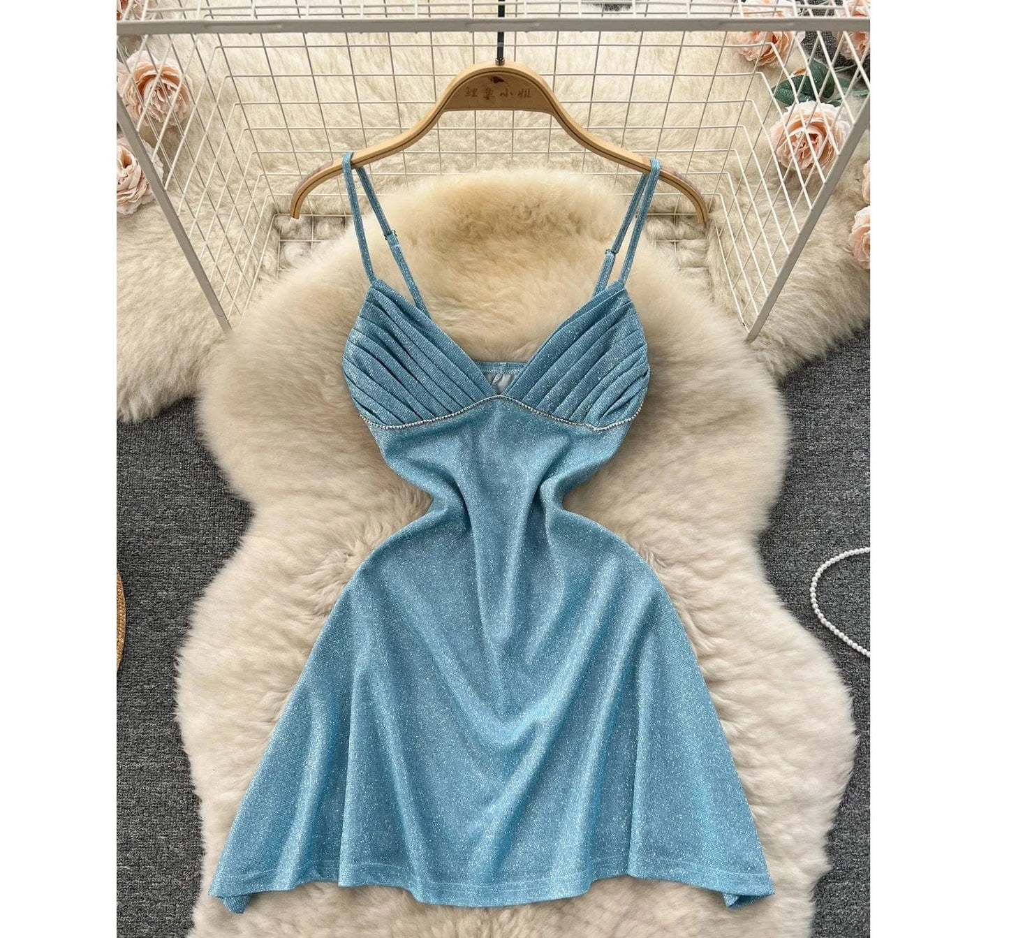 New Fashion New Sweet Women Sexy Spicy Girl V-neck Low Chest Open Back Bright High Waist Slim Hanging Strap Dress