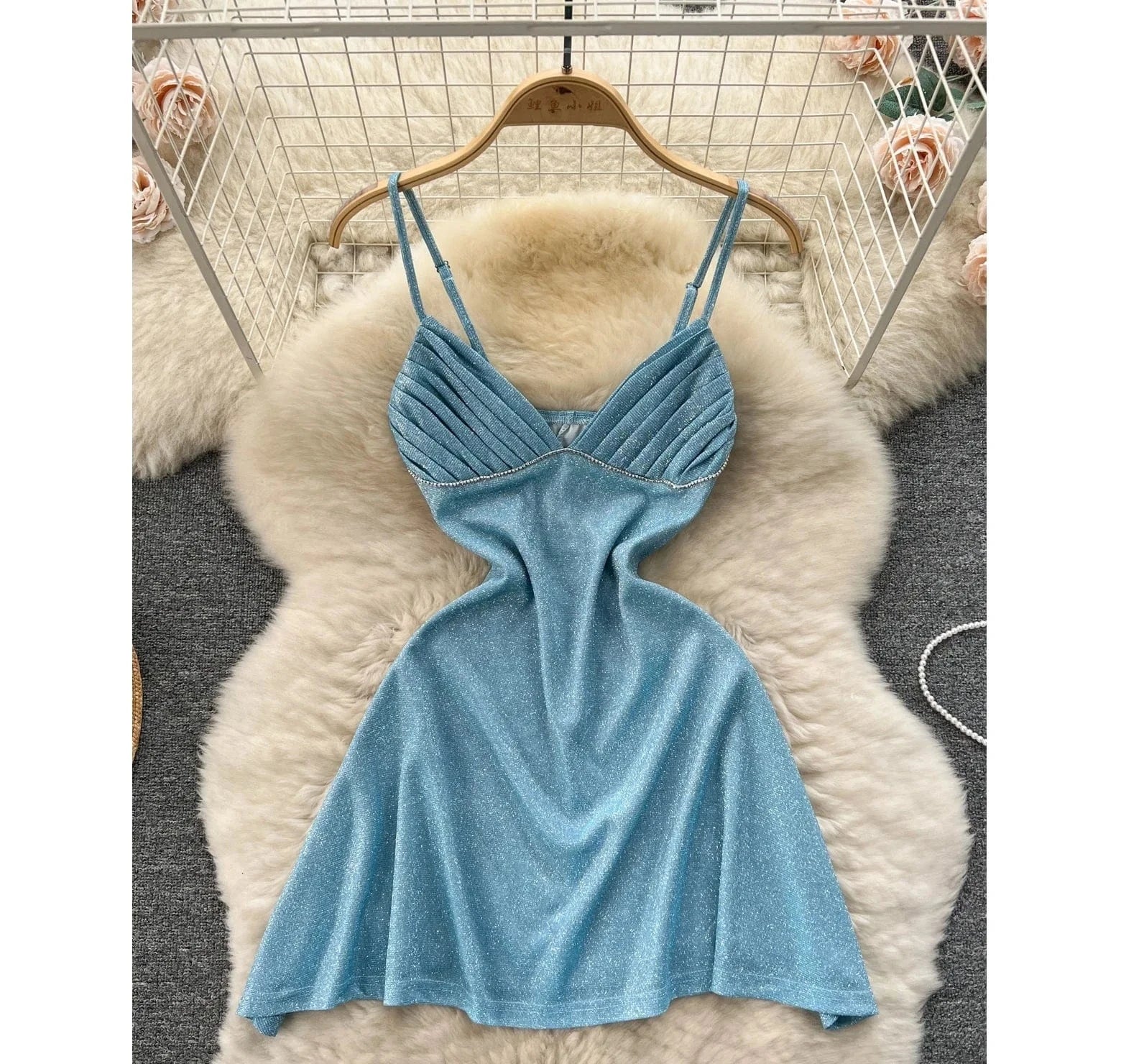New Fashion New Sweet Women Sexy Spicy Girl V-neck Low Chest Open Back Bright High Waist Slim Hanging Strap Dress