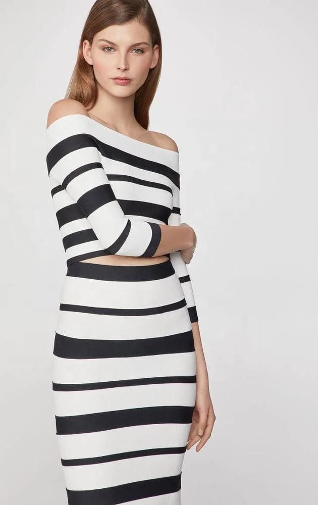 New fashion off-shoulder stripe two-piece bandage dress evening party elegant women 's casual dresses