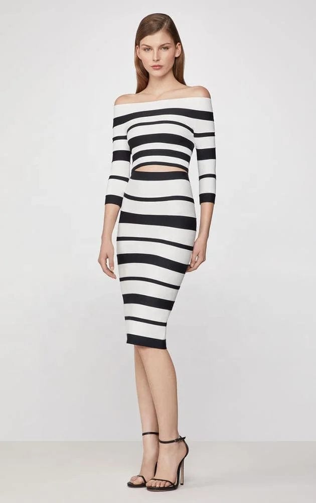 New fashion off-shoulder stripe two-piece bandage dress evening party elegant women 's casual dresses