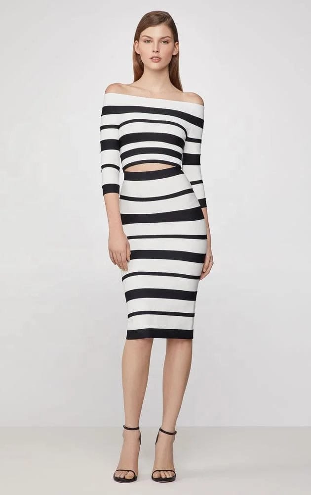 New fashion off-shoulder stripe two-piece bandage dress evening party elegant women 's casual dresses