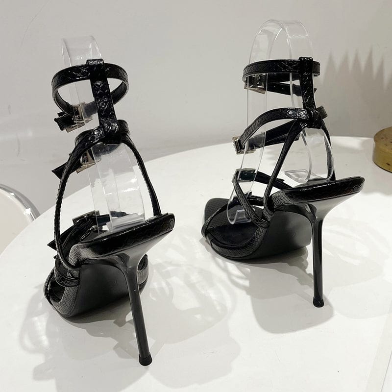 New Fashion Open Toe Thin High Heel 2023 Summer Gladiator Career Sandals Crystal Buckle Decoration Shoes Black Women Sandals